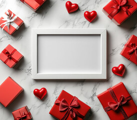 Valentine&rsquo;s Day Frame with Red Gift Boxes and Hearts on Marble Background