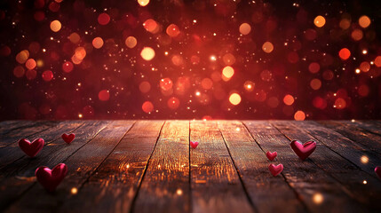 Romantic Valentine Background with Glitter Hearts on Rustic Wooden Table and Bokeh Lights