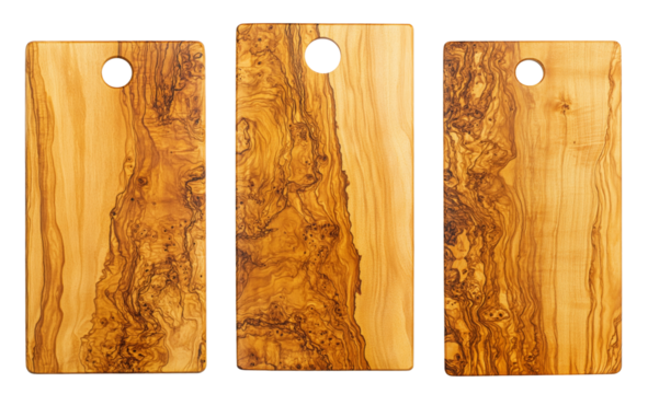 High-Quality PNG olive wood cutting boards set of three on white background