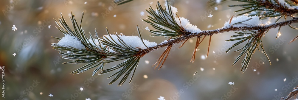 Poster snow-covered pine branch with falling snowflakes.