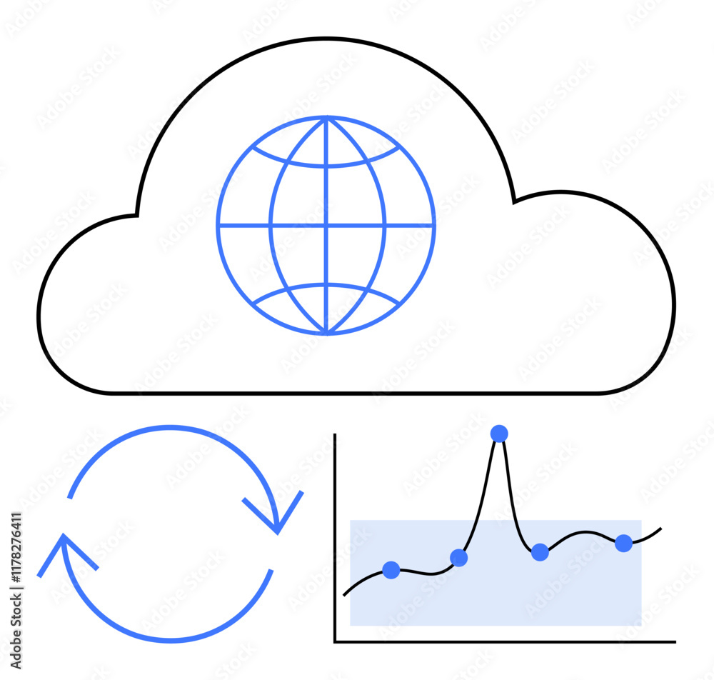 Poster cloud with a globe sync arrows and a line chart. ideal for themes thumbs up technology, data, connec