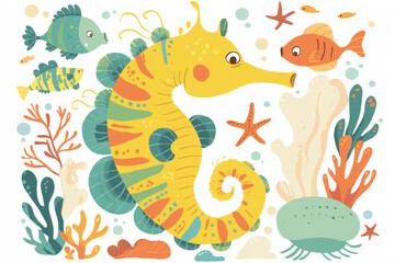 colorful seahorse illustration surrounded by marine life and plants