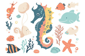 colorful underwater scene featuring seahorse, fish, and coral