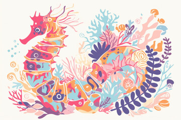 Colorful seahorse illustration surrounded by vibrant coral and sea plants