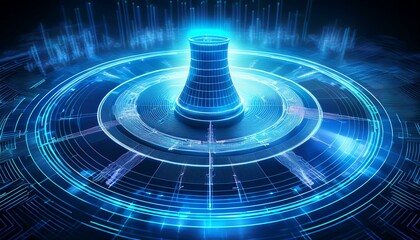 nuclear power plant in futuristic interface a mesmerizing digital illustration showcasing a nuclear power plant at the center of a glowing blue interface the plant is surrounded by a digital target