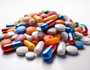 pile of assorted colorful pills and tablets isolated on white background showcasing various pharmaceutical medications