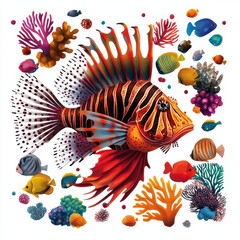 Fototapeta premium Colorful lionfish surrounded by various tropical fish and coral reefs