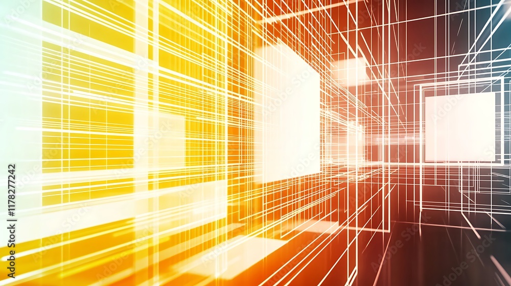 Poster abstract digital tunnel with glowing lines and shapes.