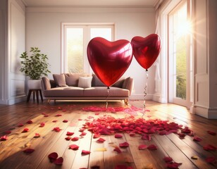 two red heart shaped balloons float above scattered rose petals on a hardwood floor in a sunlit living room