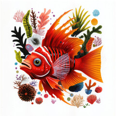 Fototapeta premium Vibrant illustration of lionfish surrounded by colorful corals and sea plants