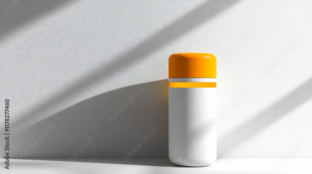 Aufkleber white cylindrical container with an orange lid and a thin white stripe in bright light.