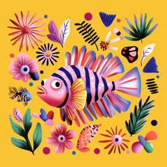 Fototapeta premium Bright and colorful fish illustration surrounded by vibrant flowers and leaves