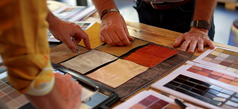 A designer examines various color swatches and material samples while collaborating with colleagues at a workspace during daylight - Powered by Adobe