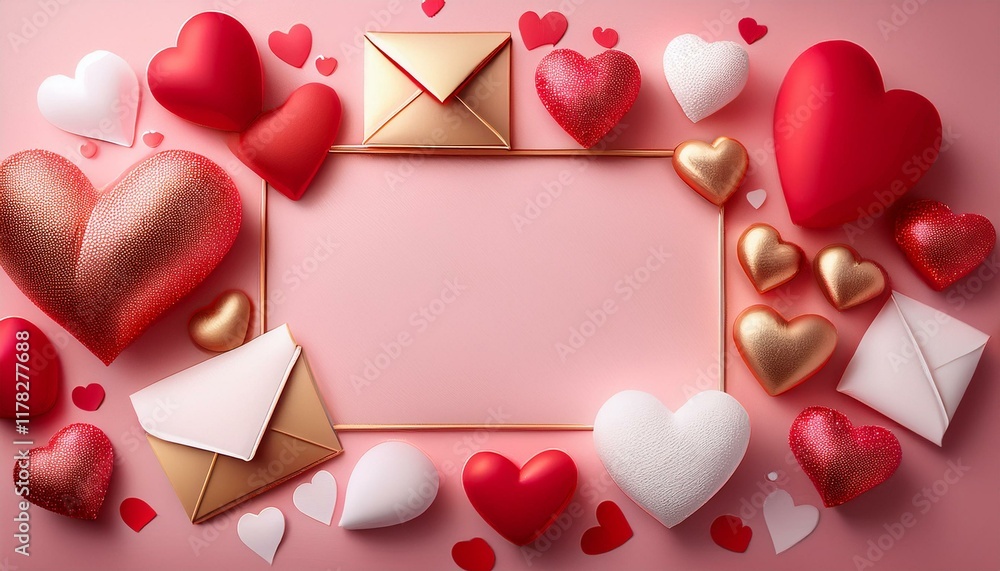 Poster frame of cute hearts and envelopes with empty space for text in the middle for valentine s day white