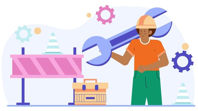 illustration of a construction worker with tools at a worksite. Abstract vector illustration of a construction worker holding tools business illustration animated video