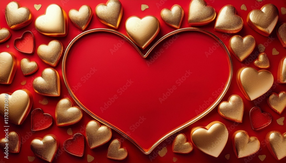 Poster frame of golden hearts on red background with space for text valentine day copy space