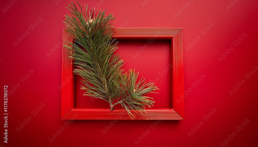 Poster minimalist red frame adorned with a single pine branch creating a striking contrast and evoking a fe