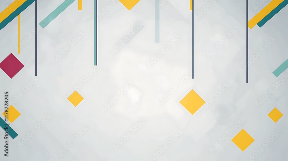 Poster abstract geometric background with colorful lines and shapes on a light gray backdrop.