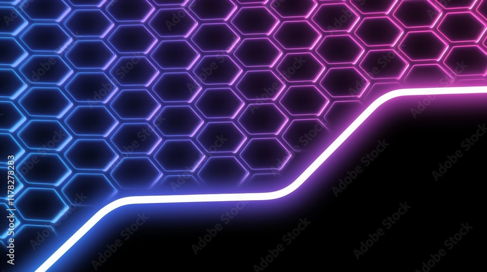 Poster abstract hexagon pattern with neon lights and glowing lines