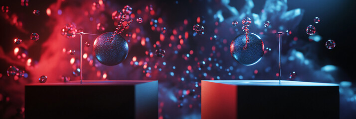 Obraz premium A scientific debate at a podium, with abstract particles and molecules swirling around the participants, symbolizing the clash of ideas in the scientific community. 