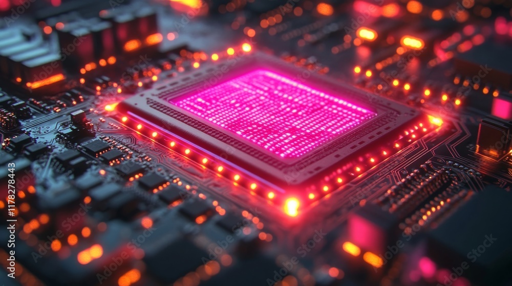 Poster close-up of a futuristic computer chip with glowing leds