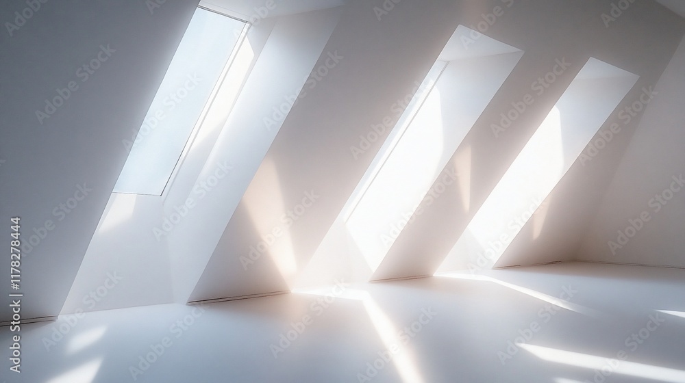 Poster sunlit attic room with three dormer windows, casting light beams on the floor.
