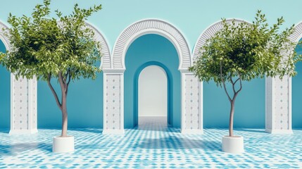 Fototapeta premium Serene architectural space with trees and arches.