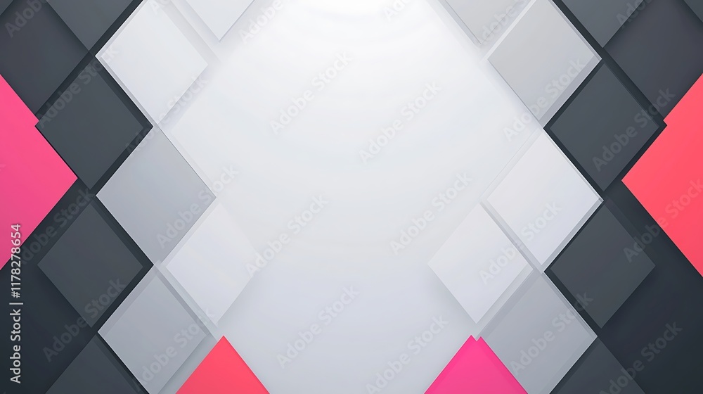 Poster abstract geometric background with overlapping squares in shades of gray, white, and pink, creating 