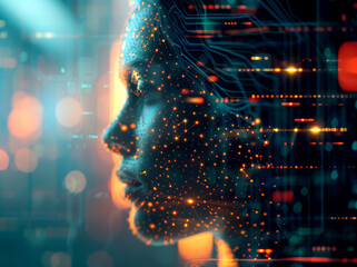 Neural patterns glow from a head, symbolizing the blend of humanity and advanced technology in a futuristic setting