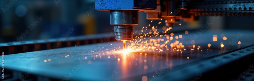 Poster blue laser cnc machine cuts metal sheet. bright sparks fly from precision cut. modern automated indu