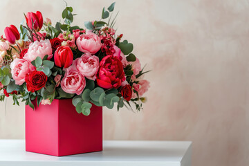 Bouquet of red and pink roses in a red box with bow with space for text or design