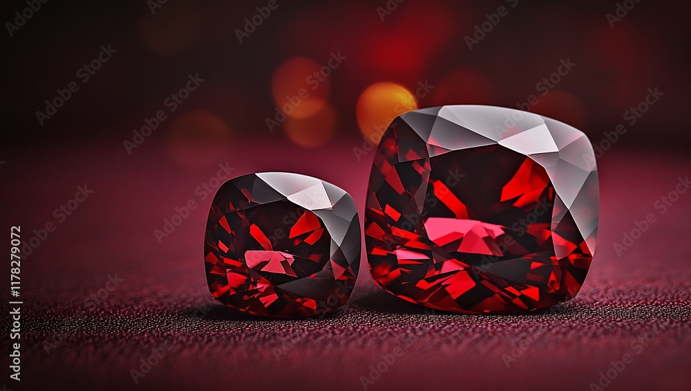 Aufkleber two red cushion-cut gemstones on a dark red background with bokeh.