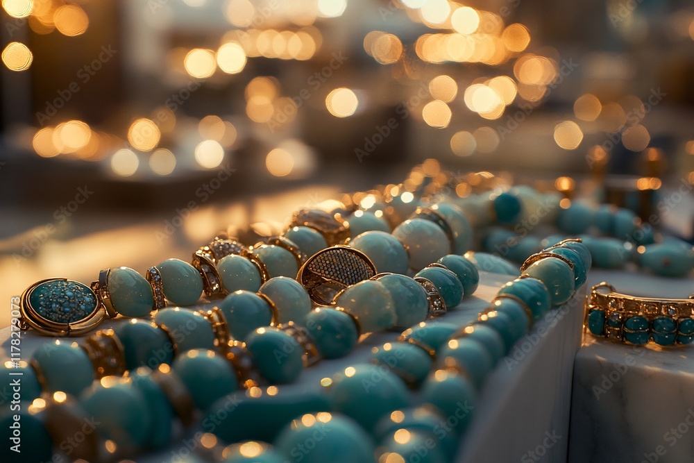 Poster close-up of teal gemstone jewelry displayed on a marble surface with bokeh lights in the background.