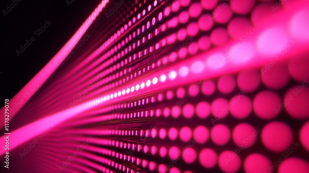 Poster abstract pink light streaks converging in a dotted pattern on a dark background.