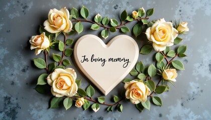 Pale peach roses surround heart-shaped plaque. Plaque reads In loving memory. Flowers, leaves create soft, delicate arrangement. Sentimental piece for memorial services expressing condolences.