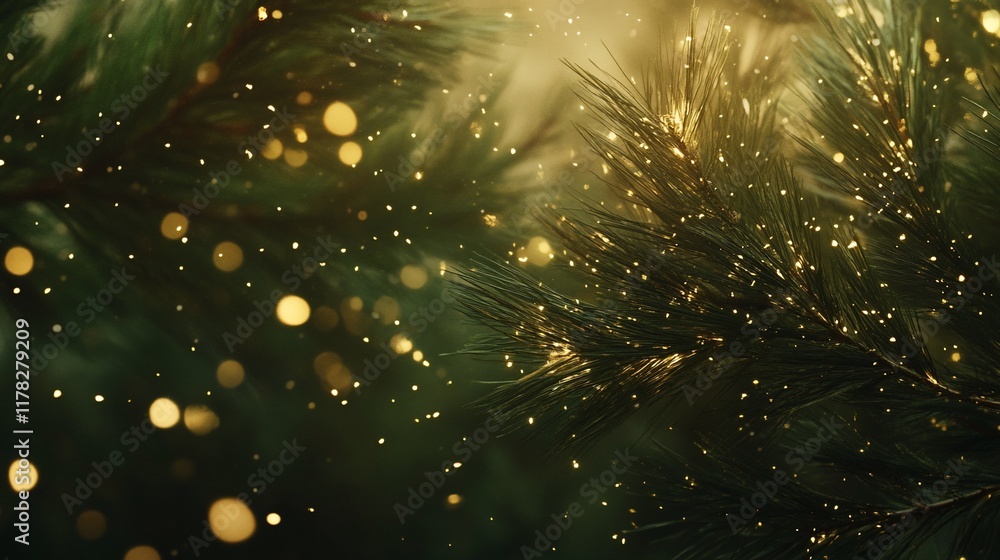 Fototapete close-up of pine branches with bokeh lights and falling particles, creating a magical, wintery atmos