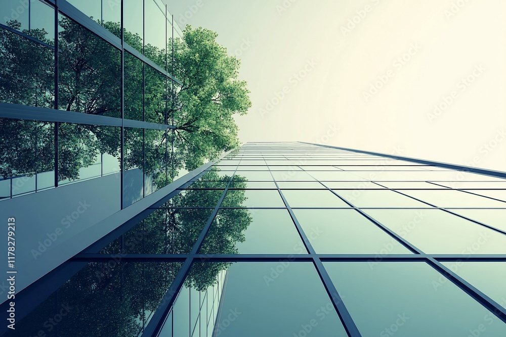 Poster low angle view of modern glass skyscraper with a tree growing on its side, symbolizing sustainabilit