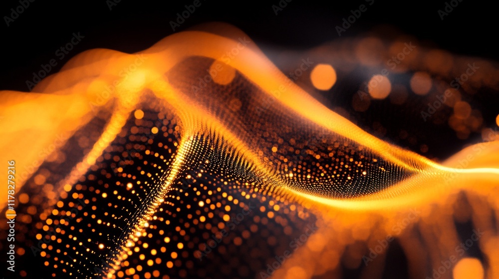 Poster abstract orange and black glowing wave particle background.