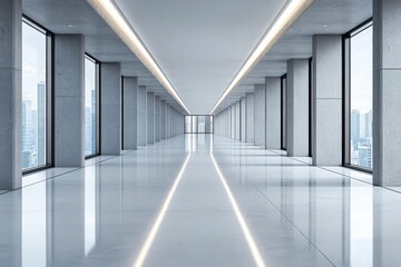Obraz premium Modern Office Hallway with City View and Concrete Pillars