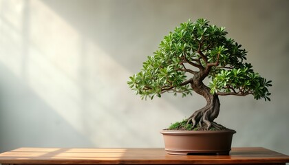 Elegant bonsai tree with intricate small leaves, meticulously trimmed branches sits on wooden table against neutral wall. Natural light creates soft shadows on wall, table. Bonsai artfully displayed