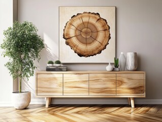 Modern minimalist interior, large circular tree ring art, wooden credenza, white walls, geometric shapes, natural textures, neutral color palette, contemporary design, abstract wall decor, clean lines