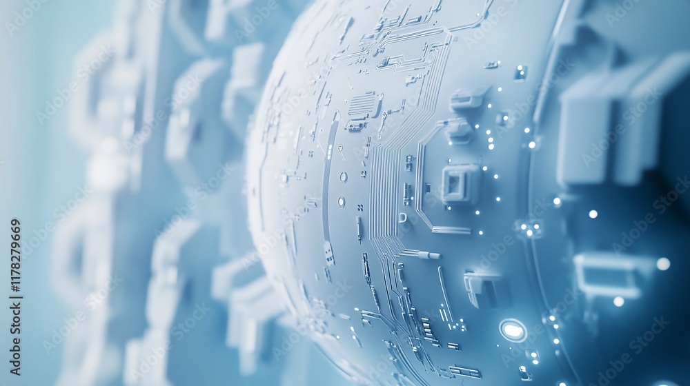 Poster Abstract 3D render of a futuristic sphere with circuit board design.