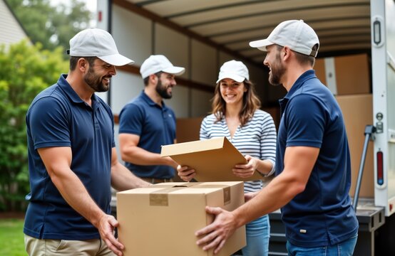 Team of movers collaboratively load cardboard boxes into moving van. Relocation activity outdoors shows professionalism, efficiency in teamwork. Movers wear matching uniforms. Sunny day makes