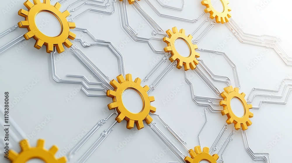 Poster Abstract composition of interconnected gears and circuits on a light background