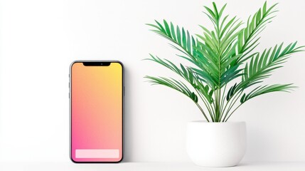 Modern Smartphone Relaxing by a Lush Green Plant in a Minimalist Setting