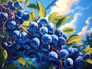 Une grappe luxuriante de myrtilles juteuses et mûres, éclatantes sous un ciel d'été azuré, symbolise la fraîcheur et la vitalité naturelle.