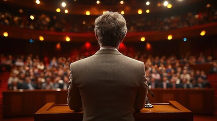 Speaker addressing large audience in auditorium from stage