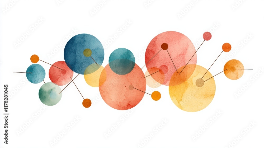 Poster abstract watercolor circles with connecting lines in vibrant colors and soft textures