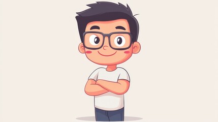 Fototapeta premium Smiling Boy with Glasses, Arms Crossed, Cartoon Character, Light Background