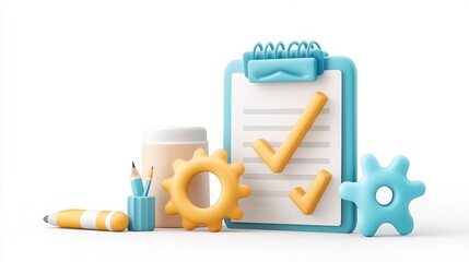 Colorful 3D Illustration of Clipboard, Checkmarks, Gears, and Office Supplies on White Background